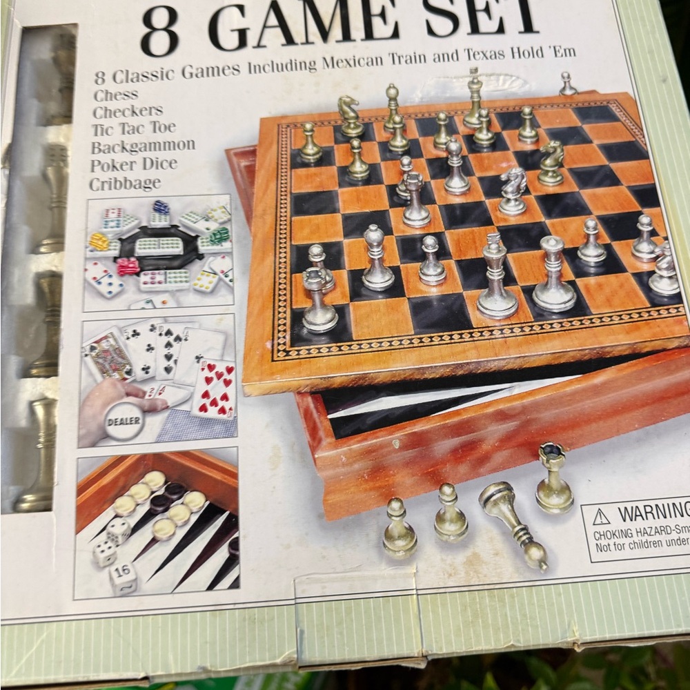 8 Game Set with Chess and Checkers - Silver and Brown